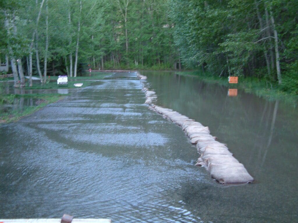 Flooded area with sandbag barrier and trees.